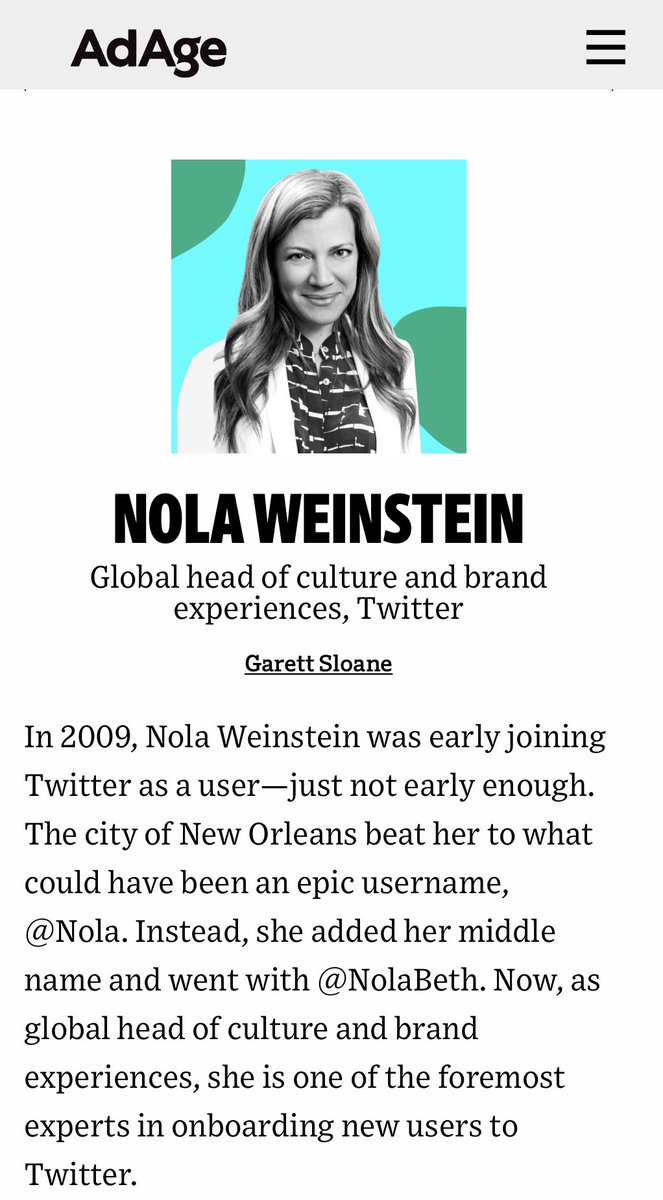 Congrats to epic person and winner on any list, <a href="/NolaBeth/">Nola Beth</a> for getting on <a href="/adage/">Ad Age</a> 40 under 40! 👏👏 Like almost all things, these lists get a lot better after 30.