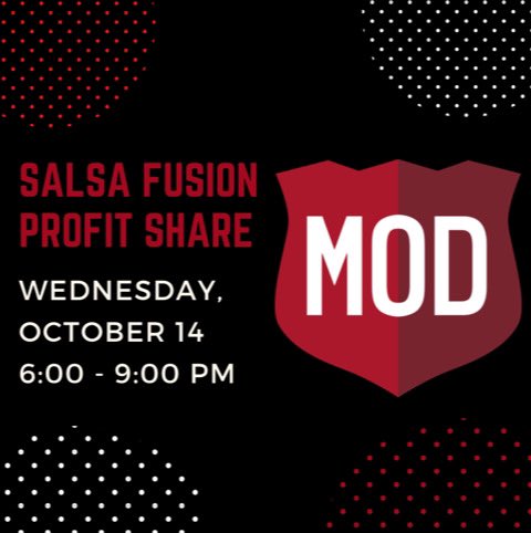 Howdy Aggies!! This months profit share will be at MOD Pizza on October 14 from 6-9pm!! All you have to do is mention that you’re with Salsa Fusion!💃 

You can RSVP at the link in our bio ! Tell your friends!