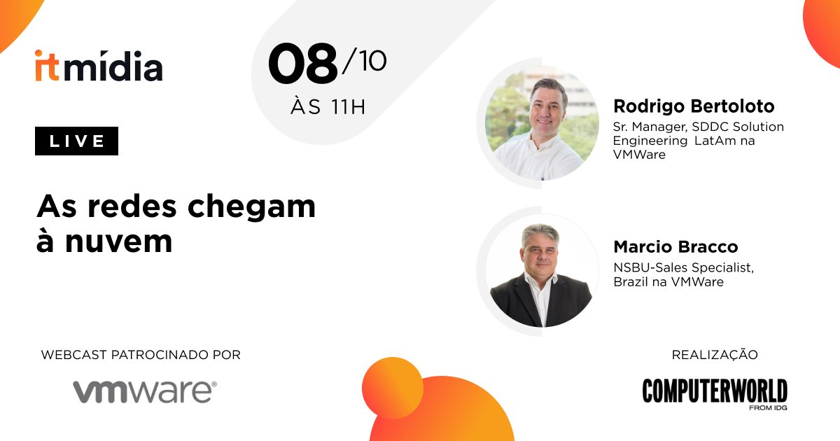 Quer saber mais sobre Virtual Cloud Network (VCN)?Os Executivos da VMWare: Marcio Bracco e Rodrigo Bortoloto vão explicar o conceito e como ele se aplica no cotidiano das empresas que estão em sua jornada digital. Ao vivo quinta feira 08/10 às 11h. Acesse: https://t.co/TcAO1R00UD https://t.co/nEJ7V7P7dS