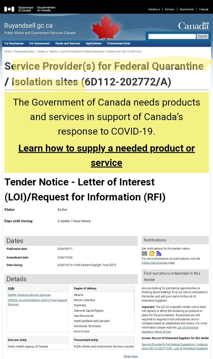 greg_scott84's tweet photo. Government of Canada is tendering bids for service providers for quarantine facilies/isolation sites.

There are 11 sites in 9 cities across Canada. https://t.co/oNsEmt2nO5