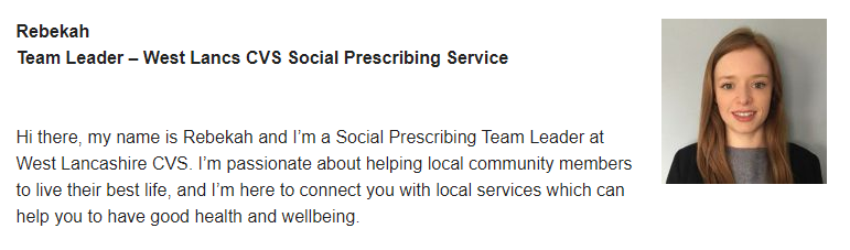 Here is our second member of the West Lancs Social Prescribing Team, Rebekah. Rebekah is 1 of our 3 Team Leaders & she covers the Ormskirk Primary Care Network. #socialprescribing #NationalLinkWorkersDay - keep your eyes peeled for more info about the rest of the team tomorrow!