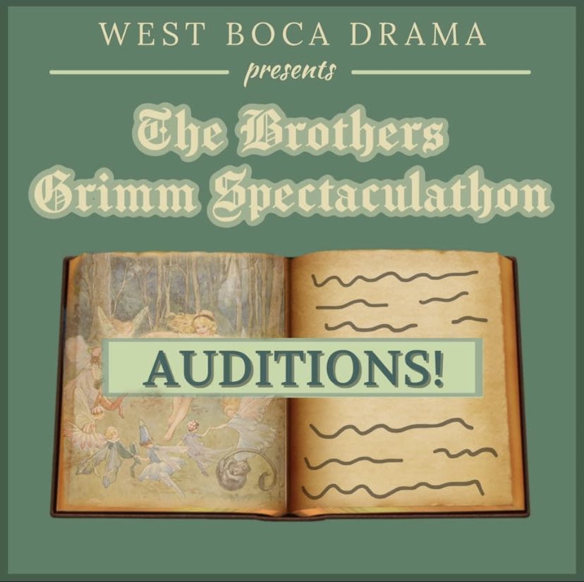 Auditions for the Fall play are held online next week;) prepare a 1 minute monologue either self written or a monologue playing a character from and Grimm fairy tale. Be creative and be funny. Make sure to read the play first to understand the comedic style!!