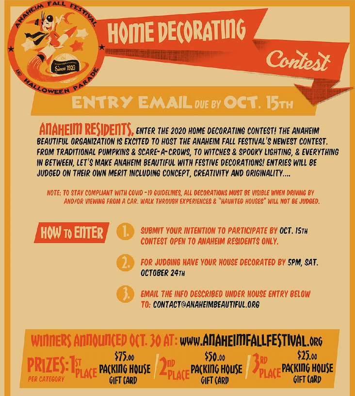 AnaheimBeautifu's tweet photo. Our Halloween Home Decorating Contest, offered in partnership with the Anaheim Fall Festival, is now accepting nominations for Halloween or Fall themed decorated homes. Registration to participate in the contest is due 10/15 by emailing entry info to:contact@anaheimbeautiful.org https://t.co/U0SqwqcwxV
