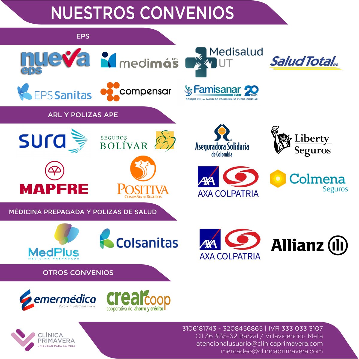 EN CLÍNICA PRIMAVERA CONTAMOS CON LOS SIGUIENTES CONVENIOS:

#gracias #covid19 #AtencionSegura #ClinicaPrimavera #UnLugarParaLaVida #coronavirus #covid19 #Villavicencio