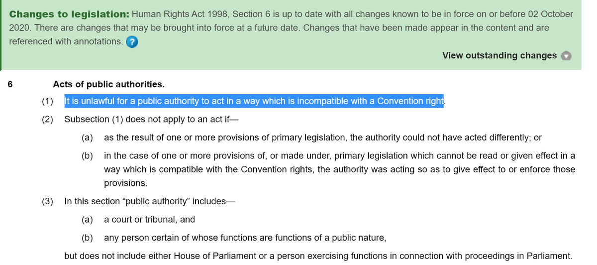 The amended clause specifies that Section 6(1)* of  #HumanRights Act 1998 does not apply in relation to Cl. 44 & 45 (the ones to breach the  #Protocol). That section requires acts of public authorities to be compatible with ECHR rights.Why explicitly disapply it here?7/8