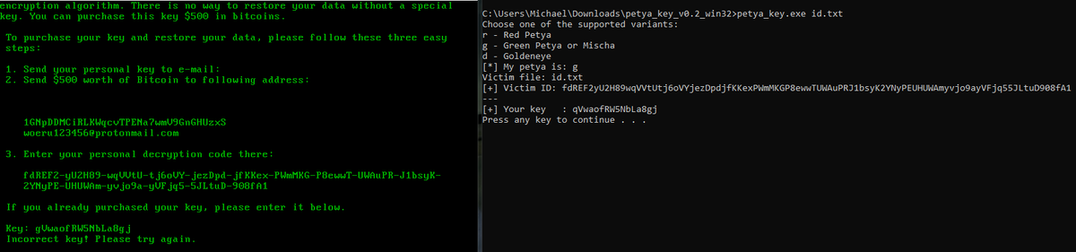 demonslay335's tweet image. Seems someone was playing with Green #Petya #Ransomware, calling it &quot;EYECRY&quot;. Uses a different key.
Spotted by @malwrhunterteam 
cc @hasherezade