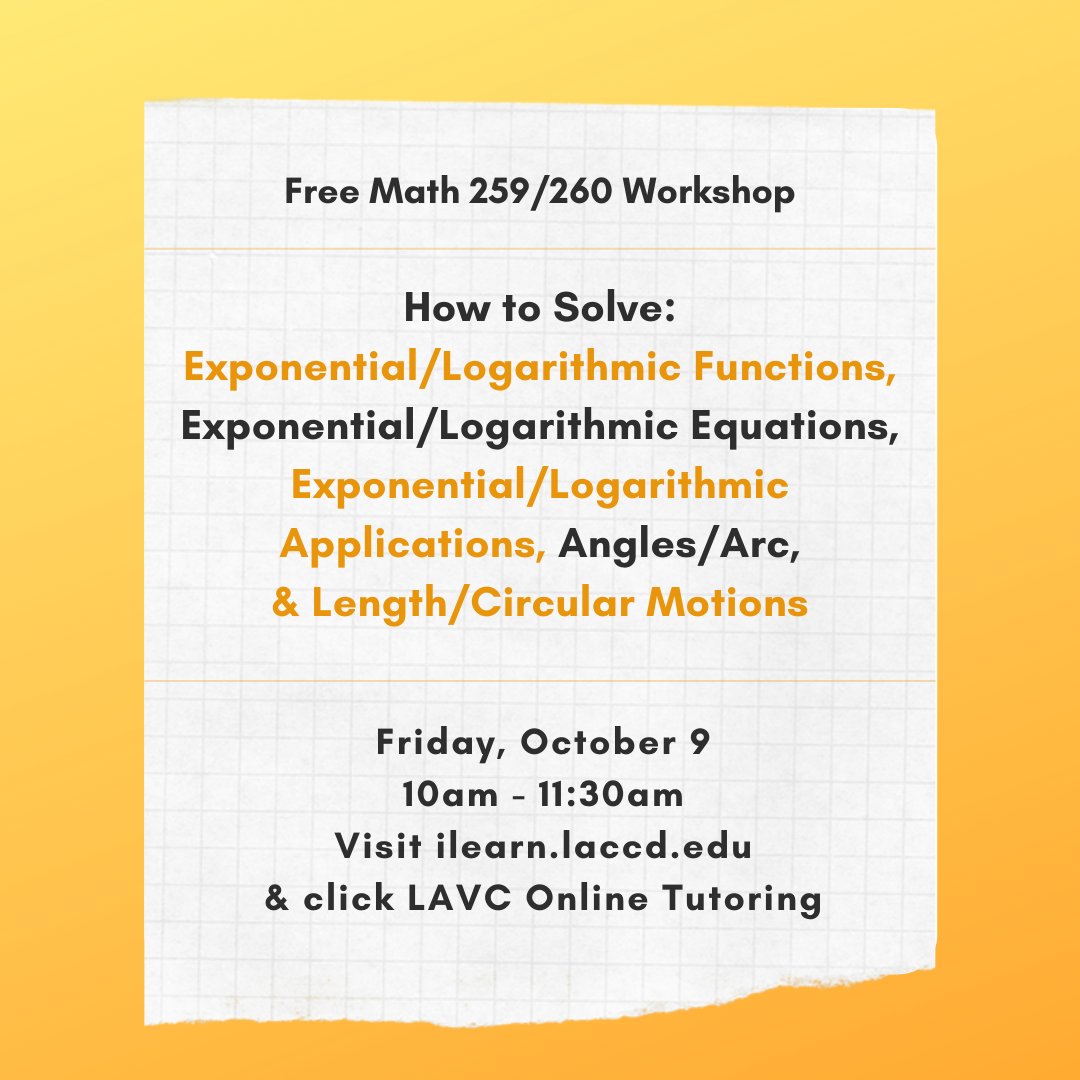 arclavc's tweet photo. Pre-calc &amp; Calc students, need a refresher? Visit our Math Workshop review on Friday, October 9 from 10am-11:30am! 😉

🔢 Log in to Canvas at https://t.co/v0T5nNCD1Z &amp; click LAVC Online Tutoring! 🔢 https://t.co/1dnvTzPCT7