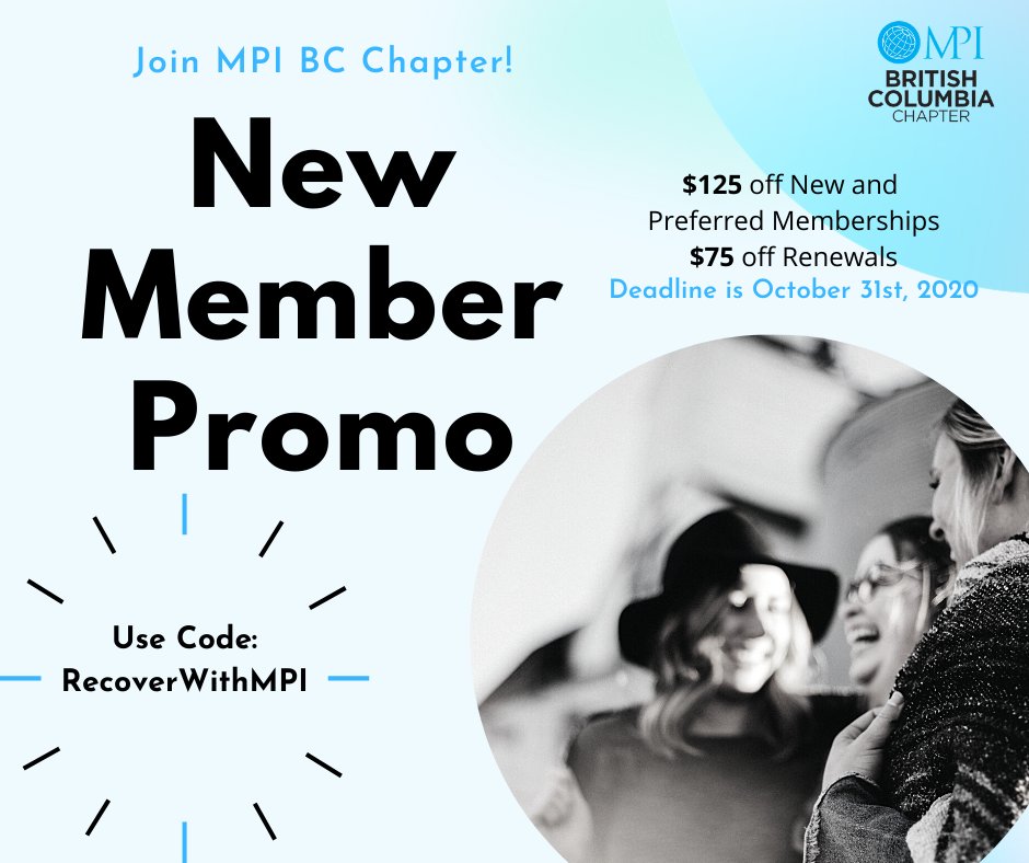 Join the BC Chapter and grow your network, enjoy innovative and engaging events and explore new professional possibilities! Sign up or renew your membership in the month of October for a special discount! mpi.org/join
#mpibcmeets #members #eventprofs #meetingprofs