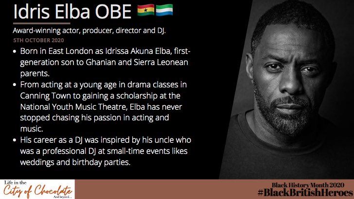 Day Five of  #BHM2020 and today’s it’s all about everyone’s favourite person: Mr. Idris Elba   #BlackHistoryMonth    #blackhistorymonthuk    #BlackBritishHeroes