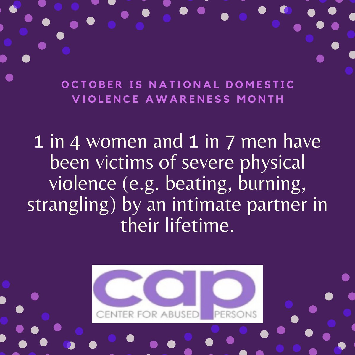 Did you know that October is National Domestic Violence Awareness Month? Even if you have not personally been affected by domestic violence, you know someone who has. CAP is here for you, 24/7. 💜