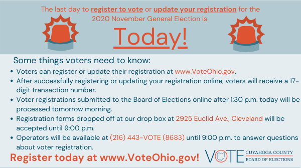 cuyahogaboe's tweet image. Today is the LAST day to register to vote for the General Election. Online and In-Person voter registration forms must be completed and returned by 9:00 p.m. today! Register to vote or update your registration at VoteOhio.gov!