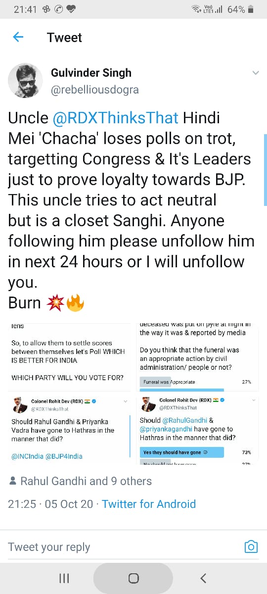 More specimens are recorded but let's keep this lastSame loud lout hereNow he threatens others to unfollow those who follow me, and same will be the Strategy of this ring leader to create opinionsReal frustrated  @INCIndia supporter hereSad loser for starters PATHETIC