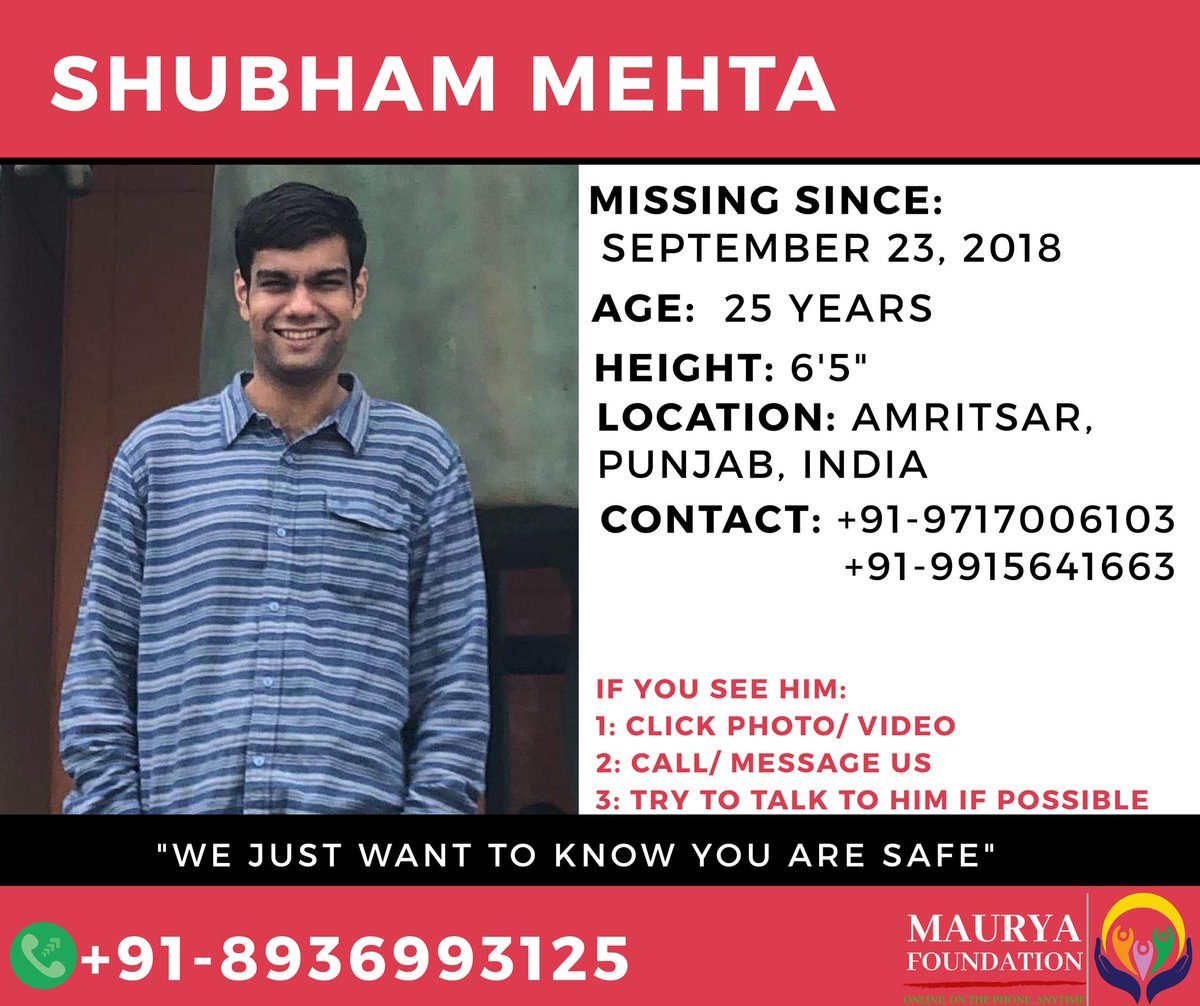 nomoremissing0's tweet photo. #MISSING 
He has been missing from Amritsar, Punjab since September 23, 2018. If you have any information about him, please call us on the given no. or your nearest police station. 
#findthemissing #nomoremissing #mauryafoundation #findshubham #findshubhammehta #mcfindia https://t.co/F8vJtonG96