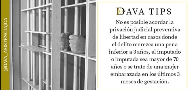 asistenciajca's tweet photo. ✔️DAVA TIPS
...
➡️ No es posible acordar la privación judicial preventiva de libertad en casos donde el delito merezca una pena inferior a 3 años...
.
.
#davatips #grupodava #Venezuela #Delitos #Privacion #Libertad #Proteccion https://t.co/Xk1cO7wSzL