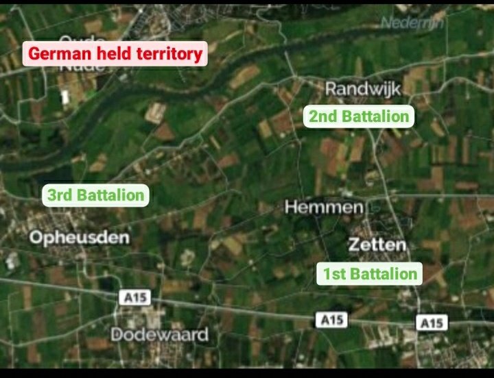 By Oct 5, 1944, the 506 PIR were positioned along the south of the River Rhine for a distance of about 6 miles on an area known as The Island. Communication was carried out by telephone, radio, and patrols. 1/
