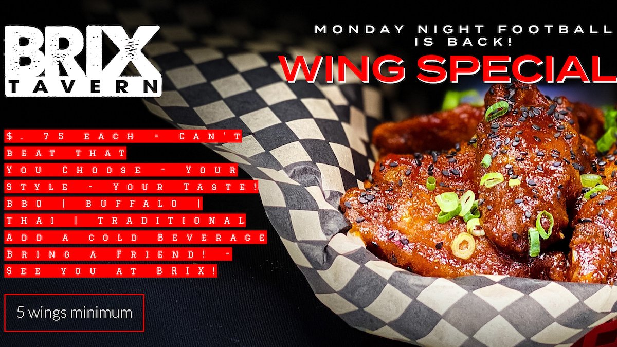 Chicken Wings are a game-day staple! 🍗🏈 
 
Try our .75 cent Monday night special at BRIX Tavern. 
 
You Choose - Your Style - Your Taste❗️ 
BBQ l BUFFALO l THAI l TRADITIONAL 🍗  
(minimum 5 to order)
