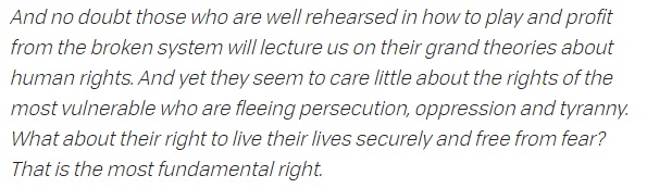 And this from  @pritipatel's speech too. Serious question, what does this mean? What is she referring to?Who is she saying talks about human rights but doesn't seem to care about vulnerable?Regardless of its truth, I just don't understand what she even means or is alluding to.