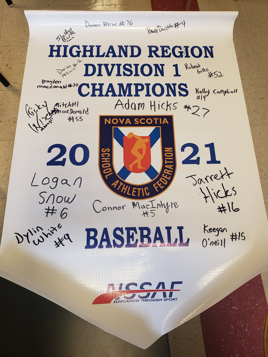 Congratulations to our boys baseball team. They won the Highland regional banner, going undefeated during the tournament. Next up is the provincial semi-final against the Northumberland region. Good luck guys!