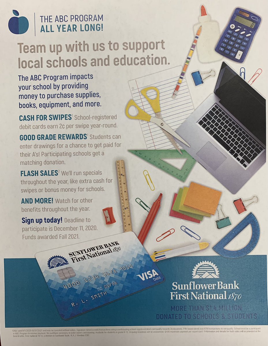 RobinsonMidSch's tweet image. Thank you @SunflowerBank for our $786 check as part of the ABC Program! Parents - each swipe = $ #takesacity #ABCProgram #SunflowerCares