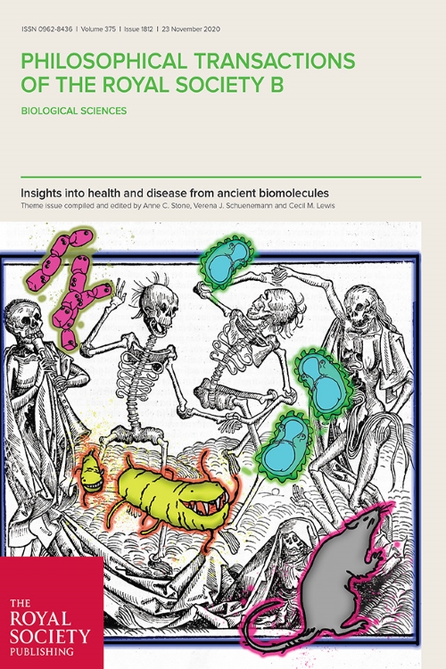RSocPublishing's tweet photo. This week's #PhilTransB issue looks at how ancient biomolecules can be used to address questions about the history and spread of microbes and parasites around the world https://t.co/0wt1tkBs1o. Edited by @StoneLab_ASU @CecilMLewisJr @OU_LMAMR and @evmed_ch https://t.co/MEXeqBCnYo