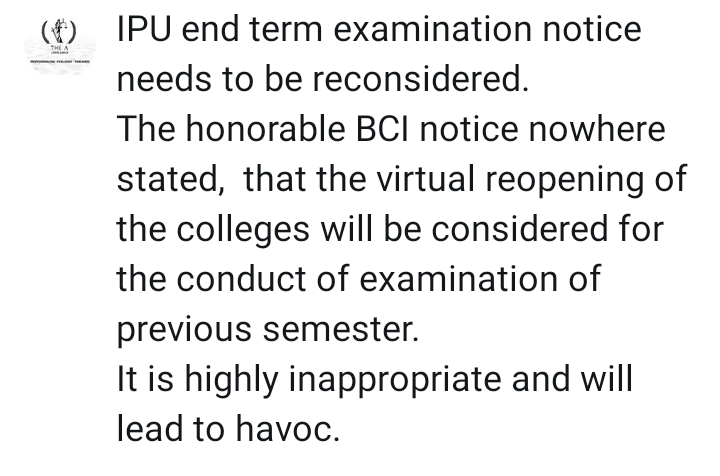 TheALegalEagle's tweet photo. This need a reconsideration .
IPU End Term examination notice is highly condemnable.
Students of BA LLB to give externals exams of previous semester @ArvindKejriwal @msisodia @EduMinOfIndia @DrRPNishank @GGSIPUIndia #ipuagainststudents #ipudoesntcareforyou #humfeenahidengesanam https://t.co/4sp1O3sXw6