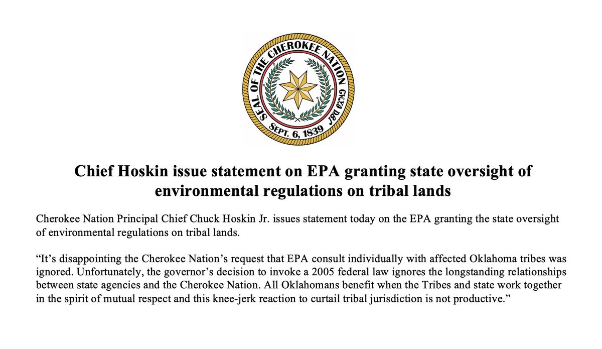 Cherokee Nation Principal Chief <a href="/ChuckHoskin_Jr/">Chief Chuck Hoskin, Jr.</a> issues statement today on the EPA granting the state oversight of environmental regulations on tribal lands.