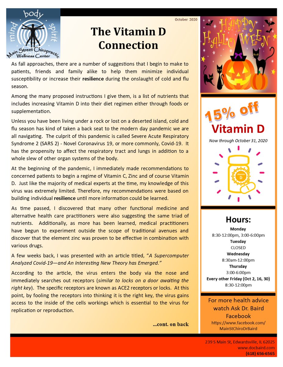MSCWellnessPath's tweet image. Need to know when our office will be closed? Supplement Specials? Or what's new? - Check out our monthly newsletters.
This month's topic: The Vitamin D Connection
To read more, click the link: docbaird.com/october-2020-n…