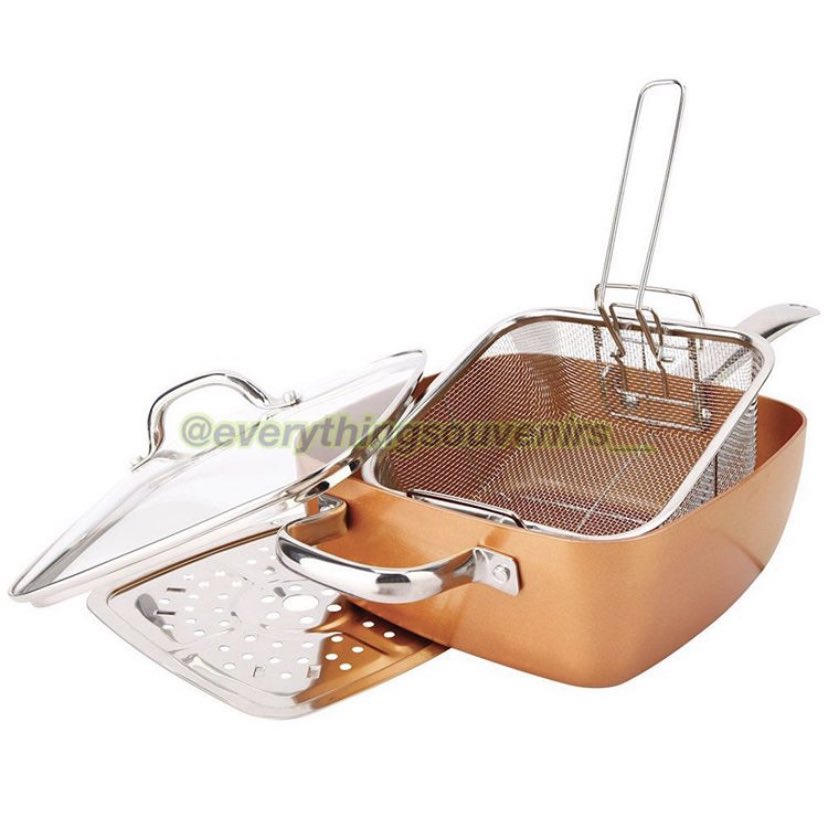 Non Stick Copper Chef 9.5 Deep Dish Square Pan. There’s nothing you can’t cook in this pot, it can bake, fry, broil, sauté and so on!Product Info: •Non-Stick coating•Cook without butter and oil•Induction bottom, tempered glass lid and scratch resistant!Price: 30000