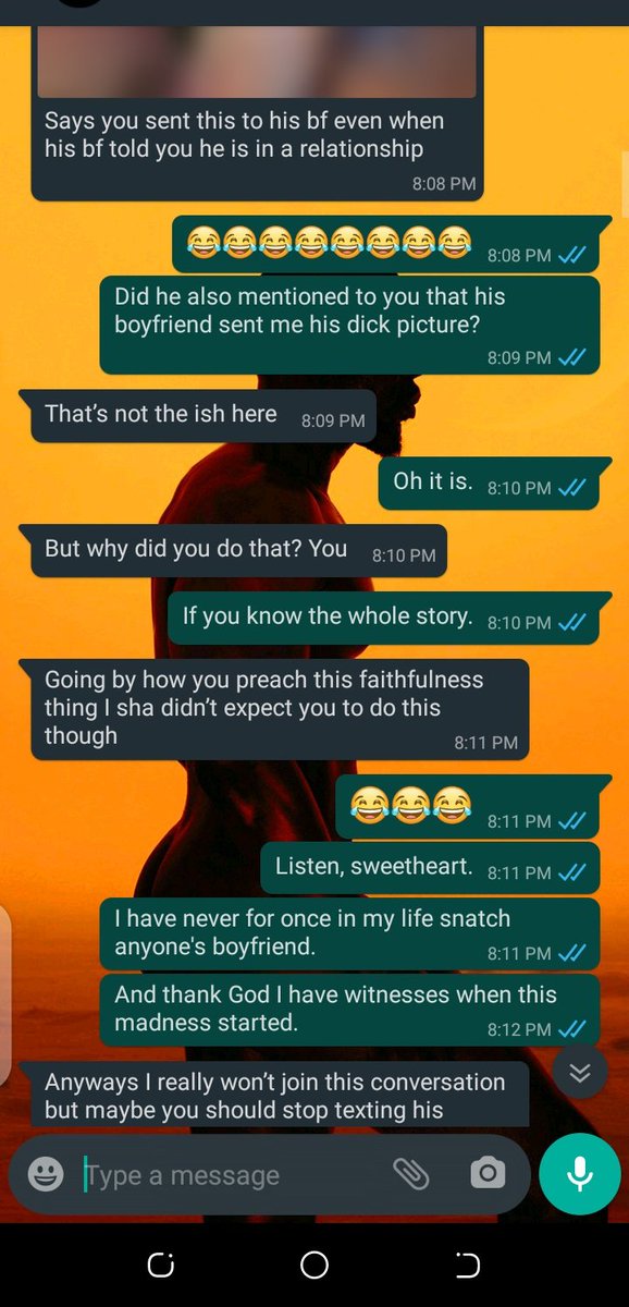 PLOT TWIST.A week later, I got messages from another friend of mine who said his friend reported me to him that I was texting his bf and wants to expose my nudes on Twitter. Since I didn& #39;t have anything to hide, I told him to go ahead.