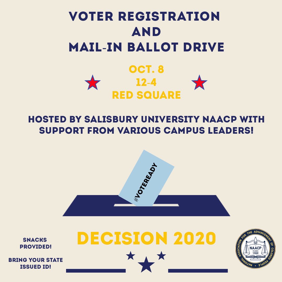 Not registered to vote? Need help requesting your mail in ballot? Come out to Red Square this Thursday any time from 12-4 p.m. and NAACP along with the help of various other student leaders will get you #voteready!