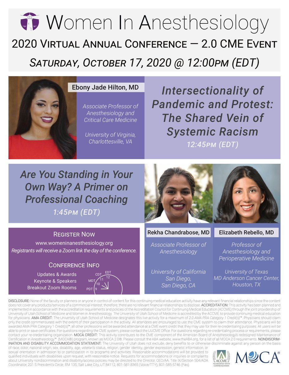8/8  #ANES20 I'm ready for virtual  #WIAnes20 now, featuring  @EbonyJHilton_MD  @ERebelloMD  @rekhakuttikat. It's going to be impactful & inspiring, so register today. You don't have to be an anesthesiologist OR woman to join.  https://www.womeninanesthesiology.org/ 