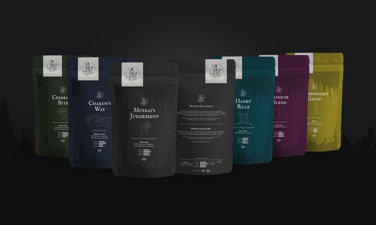 kym_lang's tweet photo. I've been working on a new project. It's a fictitious #coffee company called Styx Coffee that's heavily inspired by the #Underworld. Go check it out on my website. #graphicdesign #branding #packagingdesign  https://t.co/OnaXTTM8bF https://t.co/iqzecbznlA