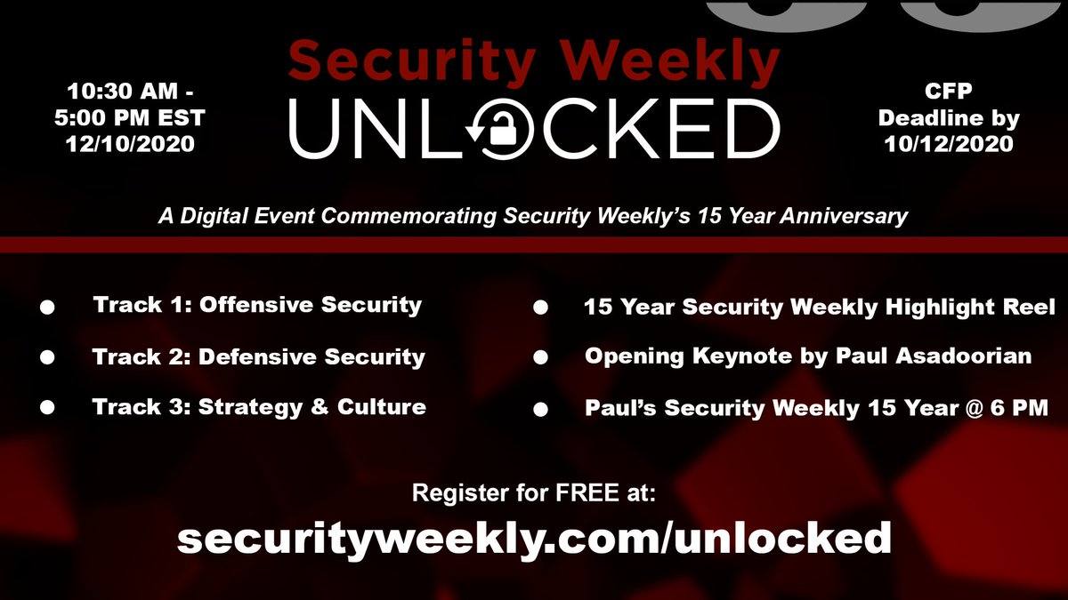 Our CFP is open now! We'll be accepting submissions through October 12th! Get yours in before it's too late!

Visit securityweekly.com/unlocked to submit &amp; register!

We're looking for presentations on: #ActiveDirectory,  #WebApps,  #Firmware, #LockPicking,  #DevSecOps, #Diversity