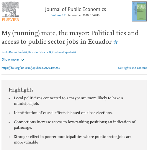 restradamtz's tweet photo. Are politicians connected to a mayor more likely to get a municipal job? They do! Many in jobs that suggest patronage. Check out our (@pablo_brassiolo and @gusfajardo) freshly published paper @JPubEcon 
Free access: https://t.co/D0cajMh98v 
#TwitterEcon #DevEcon https://t.co/yqZlXpqoVg