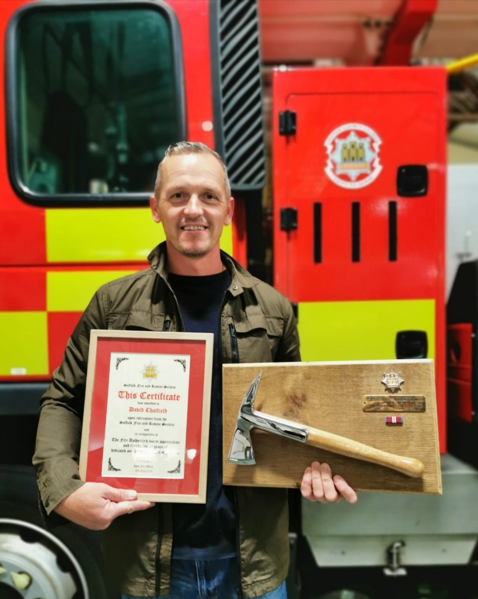 Tonight we said a fond farewell to FF Dave 'Chatty' Chatfield who is retiring from Ipswich East On-Call after spending 20 years with <a href="/SuffolkFire/">Suffolk Fire & Rescue Service</a>. During his time Chatty served at Holbrook, HQ Colchester Rd &amp; Ipswich East. Wishing him all the best for the future. #firefighter 🚒