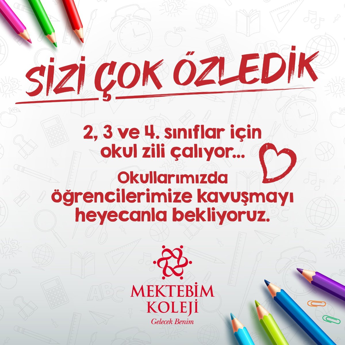 Sizi çok özledik.2, 3 ve 4.sınıflar için okul zili çalıyor.Öğrencilerimize kavuşmayı heyecanla bekliyoruz

#Mektebim

#GelecekBenim
