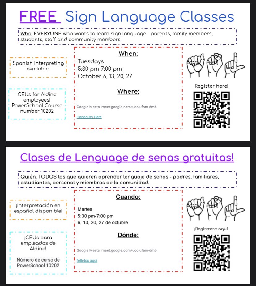 🚨🚨🚨🚨 Attention: Sign Language Classes!

This starts TOMORROW!!

Please feel free to COME or SHARE this information—The North Harris County RDSPD will be hosting a VIRTUAL sign language class Oct. 6, 13, 20, 27 from 5:30-7:00 via GoogleMeets!