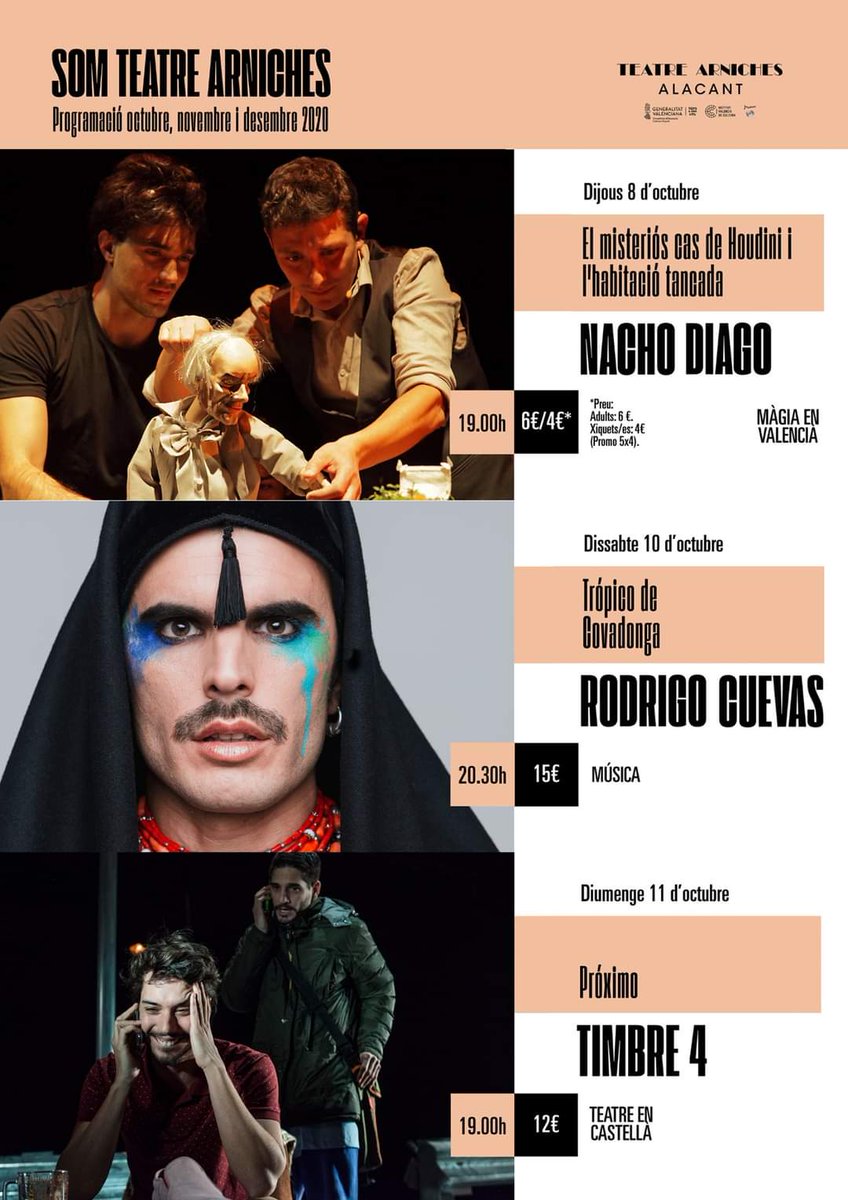 🤩 Programació setmanal 🤩
🔹 Dijous 👉 El misteriós cas de Houdini i l'habitació tancada, de Nacho Diago
🔹 Dissabte 👉 Rodrigo Cuevas presenta Trópico de Covadonga
🔹 Diumenge 👉 Timbre 4 presenta Próximo

#tornemaprogAMAR #somarniches #culturasegura