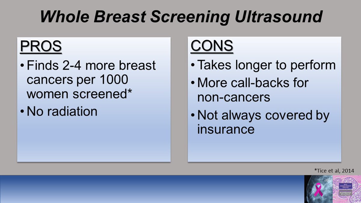 11/ More recently, many woman with dense breasts have screening ultrasound in addition to their mammogram. Ultrasound has no radiation and can find more cancer because it can see through the dense white glandular tissue