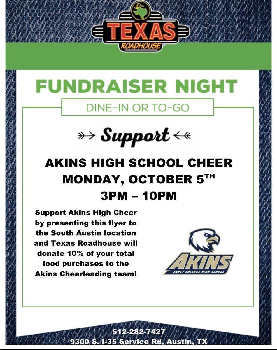 Tonight!!! Don’t cook dinner! Come eat or get carry out at Texas Roadhouse from 3p-10pm! Show this flyer on your phone and they will donate to us!