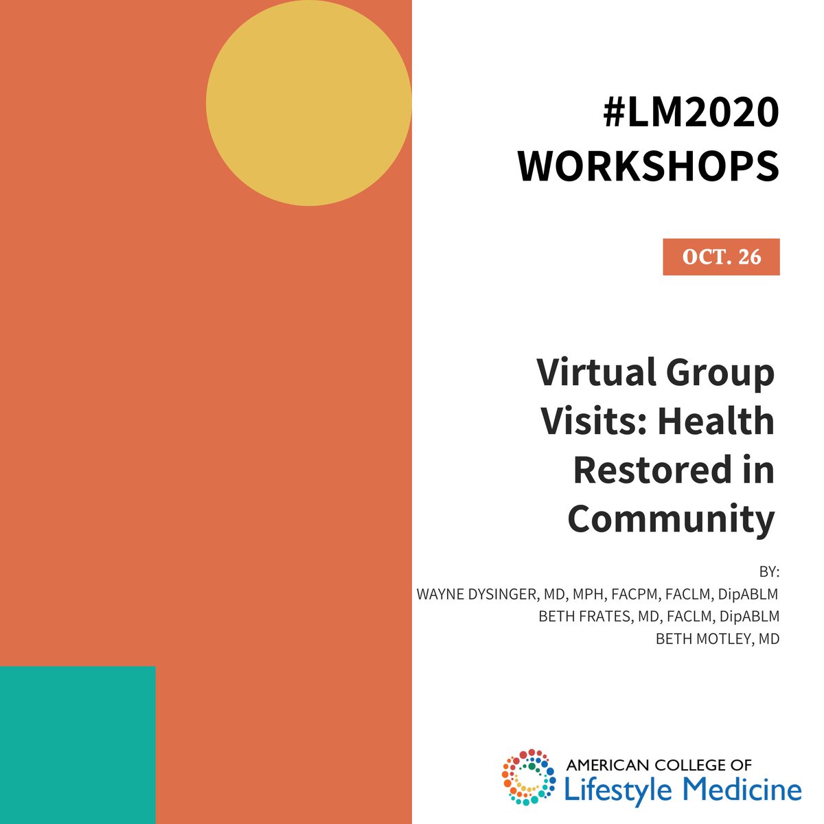 (1/4) We have incredible workshops planned this year for #LM2020! Today, we're highlighting one of our October 26th workshops: Virtual Group Visits: Health Restored in Community.

Learn more at lmconference.org. #lifestylemedicine #virtualgroupvisits #groupvisits #virtual