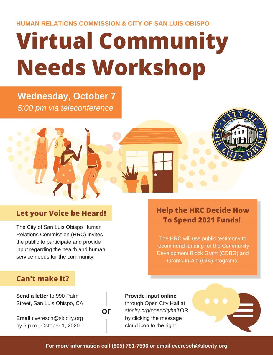 You're invited to attend the Human Relations Commission and City of SLO's Virtual Community Needs Workshop | Oct. 7: slocity.org/Home/Component…