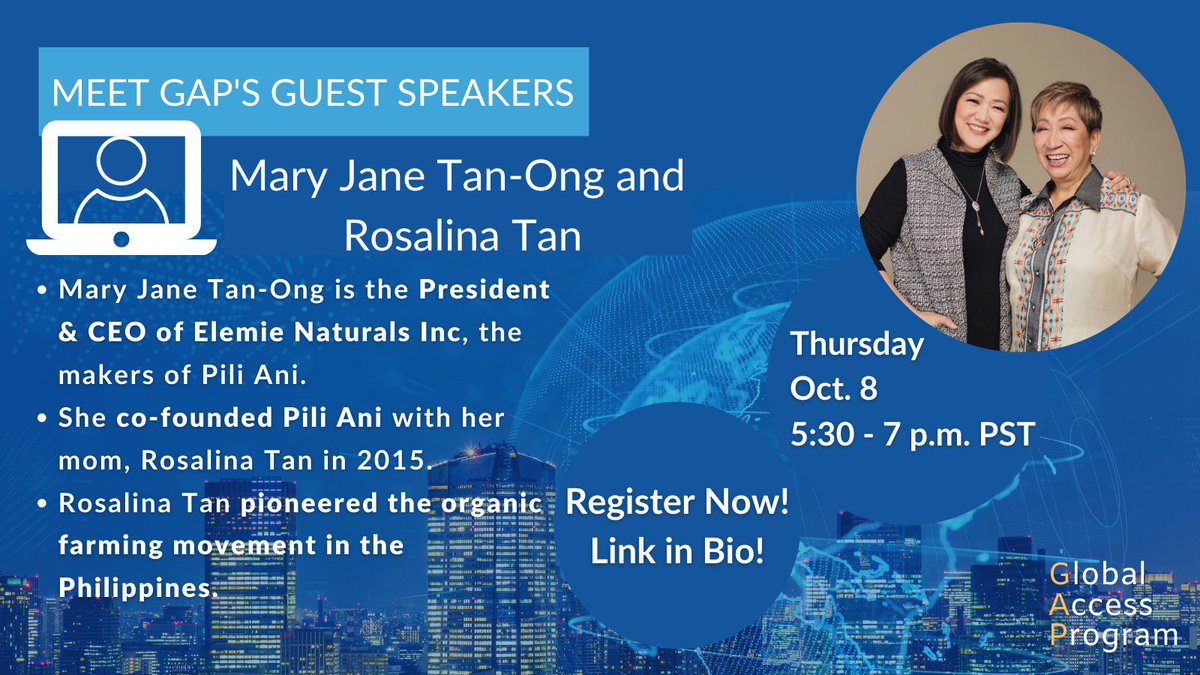 CSUSB_CGM's tweet photo. Don’t forget to register for Thursday’s GAP session!🌏
Take a second look at the all women lineup for this session!
Two of our guest speakers: Mary Jane Tan-Ong and her mother Rosalina Tan
Link in our bio!
#csusbgap #womenleaders #csusbglobal https://t.co/9oTmJY0pv6