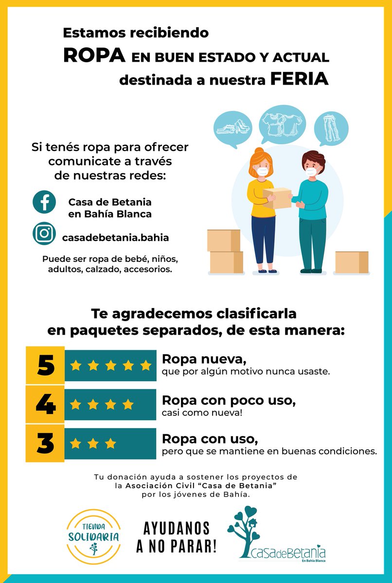 BetaniaCasa's tweet photo. Este jueves vamos a estar de 14.30 a 17.30hs recibiendo en nuestra sede (Roca 29).
¡Dale nueva vida a la ropa que no usás!
Fijate las indicaciones para agruparla!

#bahiablanca #fastfashion #slowear https://t.co/6OF8anFaFi