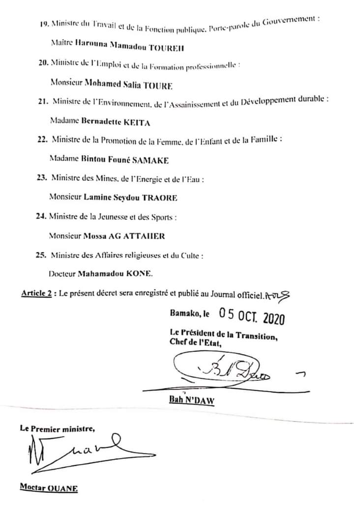 LepafMali's tweet photo. 25 Ministres
 21 hommes
 04 femmes. 
#Gouv_Transition
Non respect de la loi 2015- 052 du 18 décembre 2015 pour la promotion du genre. https://t.co/rZJGfwDwNJ