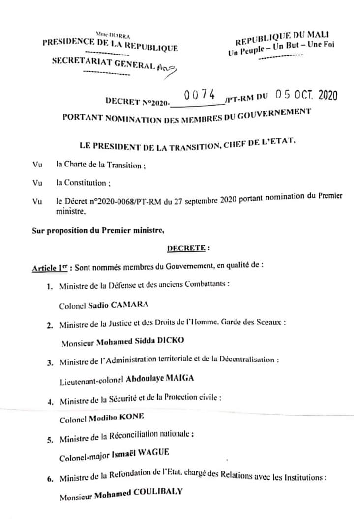 LepafMali's tweet photo. 25 Ministres
 21 hommes
 04 femmes. 
#Gouv_Transition
Non respect de la loi 2015- 052 du 18 décembre 2015 pour la promotion du genre. https://t.co/rZJGfwDwNJ