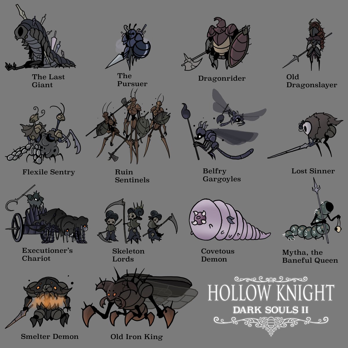 Lub_De00's tweet image. The #HollowKnight artstyle is simple, but very fuctional and so in line with my style. This time I decided to turn the bosses from #DarkSouls2 into Hk characters. I had a lot of fun doing this, since the character design of ds2 has so much variety.
#hollowknightfanart #DarkSouls