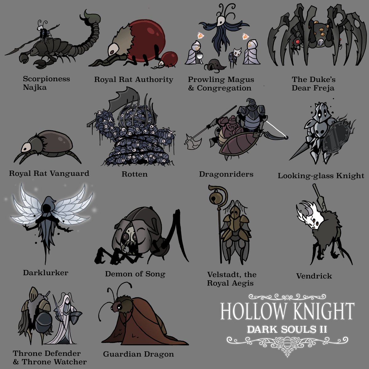Lub_De00's tweet image. The #HollowKnight artstyle is simple, but very fuctional and so in line with my style. This time I decided to turn the bosses from #DarkSouls2 into Hk characters. I had a lot of fun doing this, since the character design of ds2 has so much variety.
#hollowknightfanart #DarkSouls