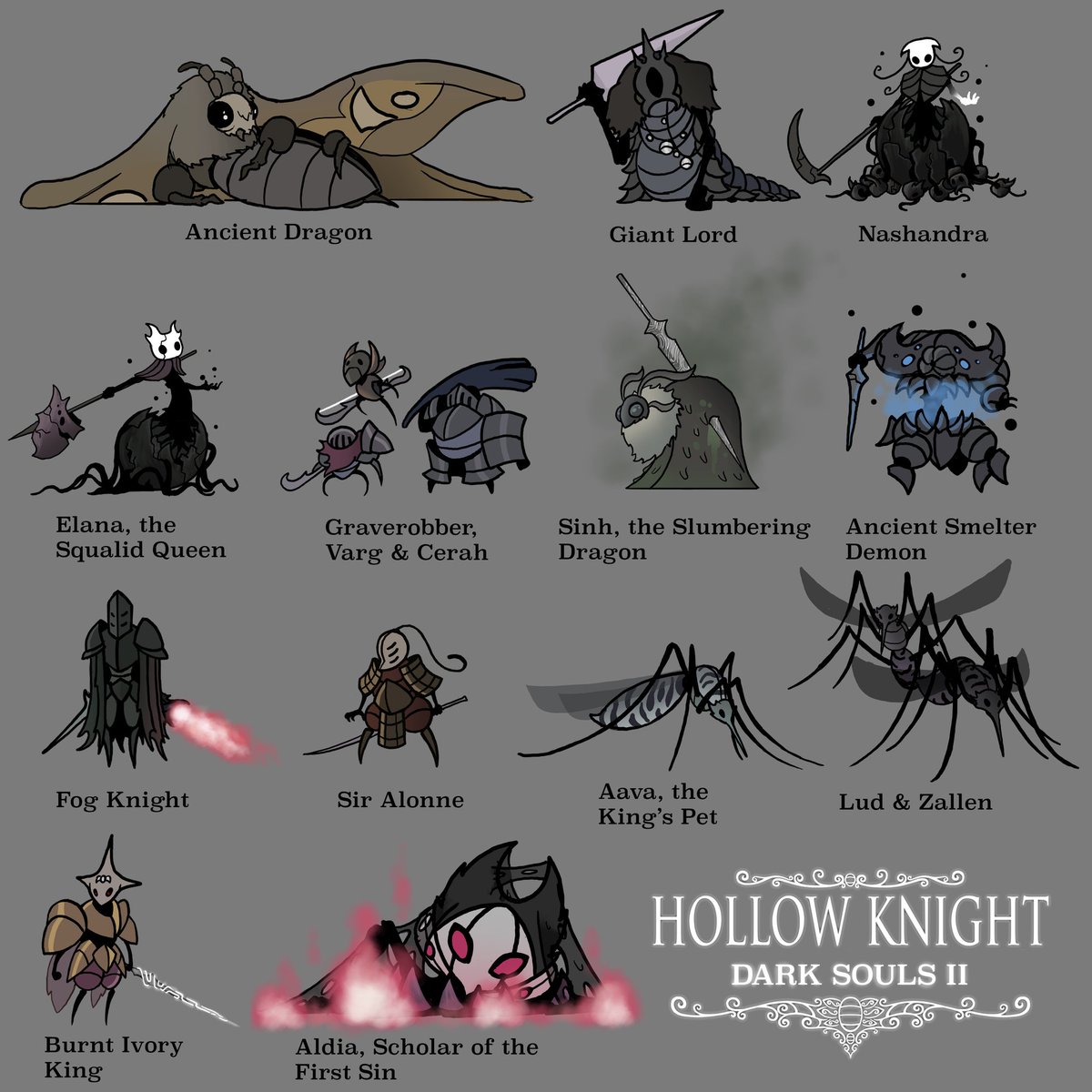 Lub_De00's tweet image. The #HollowKnight artstyle is simple, but very fuctional and so in line with my style. This time I decided to turn the bosses from #DarkSouls2 into Hk characters. I had a lot of fun doing this, since the character design of ds2 has so much variety.
#hollowknightfanart #DarkSouls