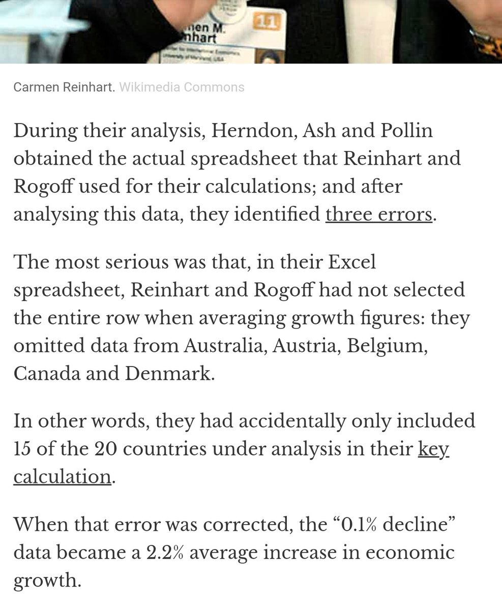 A thread on the damages of excel: 1. Rogoff and Reinhart had found that high public debt hampers growth, a finding used to justify austerity cuts. They hadn't selected the entire row to average growth rates. In fact, growth is *higher* at 90% public debt https://theconversation.com/the-reinhart-rogoff-error-or-how-not-to-excel-at-economics-13646